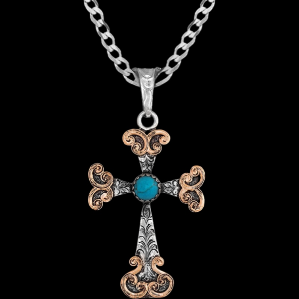 Numbers, Amazing German Silver Base 1.5"x2" with hand-engraved scrollwork and copper details a large turquoise stone.

 

Chain not Included.